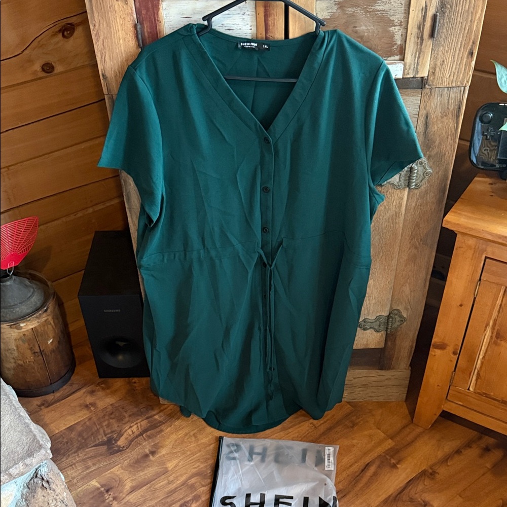 SHEIN Teal Button-Down Shirt Dress for Women